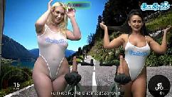 Amigos de seios grandes fazem um passeio selvagem de bicicleta vibrador